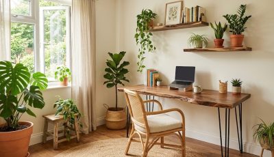 Biophilic home office setup with live-edge walnut desk, rattan chair, and indoor plants — Echoshopbd furniture collection
