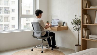 Echoshopbd compact white ergonomic desk chair for small spaces in a minimalist apartment.