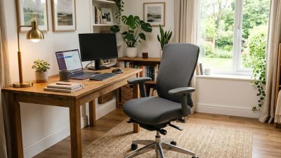 Echoshopbd ergonomic desk chair with breathable grey fabric for a cozy home office.