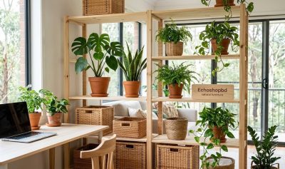 Open wooden shelving unit with indoor plants and rattan baskets in a biophilic home office — Echoshopbd natural furniture