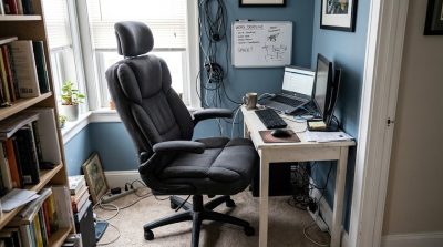 Oversized ergonomic office chair cramped against a small desk in a compact home workspace — space planning problem illustrated by Echoshopbd