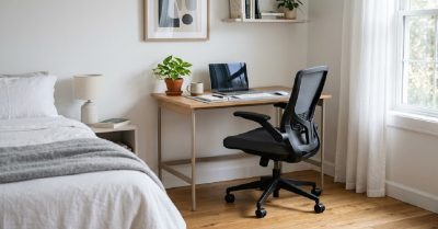 Ergonomic Desk Chairs for Small Spaces. Compact ergonomic desk chair with flip-up armrests neatly tucked under a small home office desk in a minimalist bedroom workspace — Echoshopbd small space solution