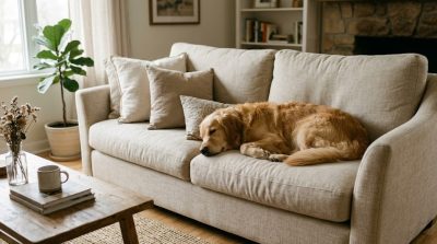 Best Eco-Friendly Upholstery Fabrics for Pets: A Complete Guide | Echoshopbd Natural linen upholstery sofa with golden retriever resting on cushion: Eco-Friendly Upholstery Fabrics for Pets