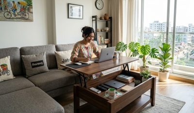 Best Multi-Functional Coffee Table with Lift Top: Buyer's Guide | Echoshopbd Multi-functional lift-top coffee table in raised position inside a bright modern Bangladeshi apartment