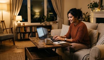 Best Multi-Functional Coffee Table with Lift Top: Buyer's Guide | Echoshopbd Person working comfortably on a laptop at a raised lift-top coffee table, warm living room evening lighting — Echoshopbd