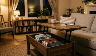 Best Multi-Functional Coffee Table with Lift Top: Buyer's Guide | Echoshopbd Compact wooden lift-top coffee table with open storage compartment in a small modern apartment living room — Echoshopbd