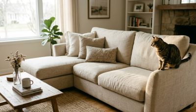 Best Eco-Friendly Upholstery Fabrics for Pets: A Complete Guide | Echoshopbd Hemp canvas sectional sofa with tabby cat perched on armrest in natural light living room: Eco-Friendly Upholstery Fabrics for Pets