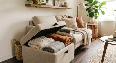 Open storage ottoman holding blankets beside a sofa