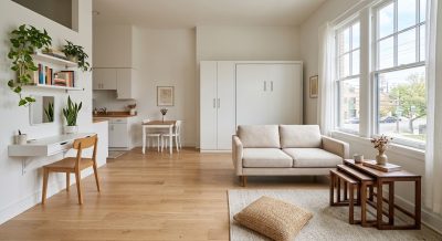 Small studio apartment with a folded Murphy bed, raised-leg sofa, and nesting tables, showing space saving furniture ideas